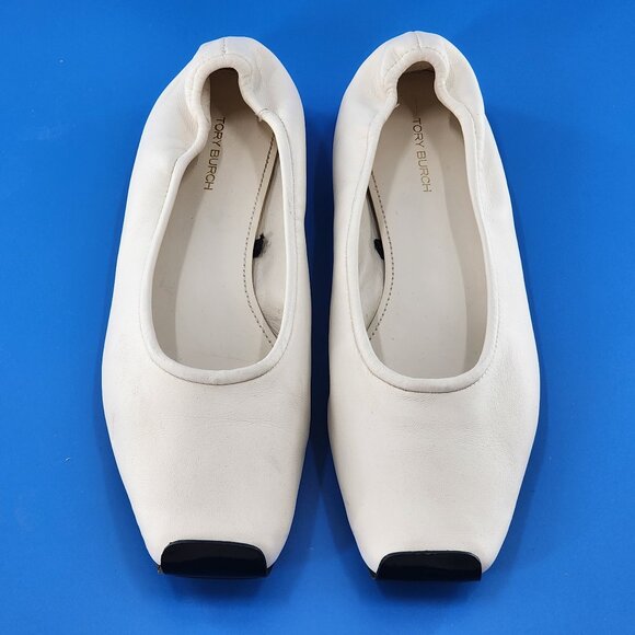 TORY BURCH Runway Leather Ballet Flats Cream Square Toe Stretch - Picture 1 of 6